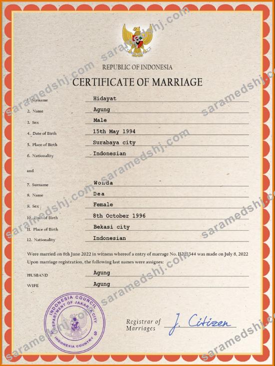 Indonesia marriage certificate PSD template